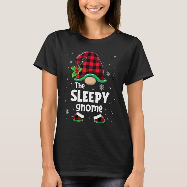The Sleepy Gnome Buffalo Plaid Christmas Matching  T-Shirt (Front)