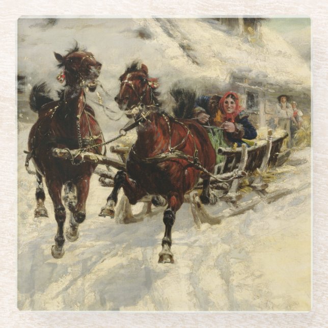 The Sleigh Ride, 1896 (oil on canvas) Glass Coaster (Front)