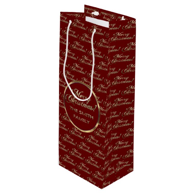 The Smith Family Christmas Red Faux Gold Script Wine Gift Bag (Front Angled)
