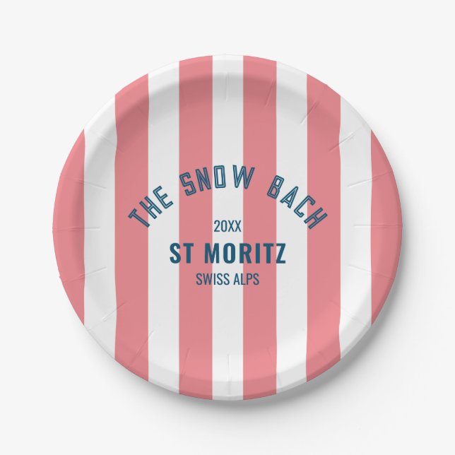 The Snow Bach Pink Cabana Stripe Bachelorette Paper Plate (Front)