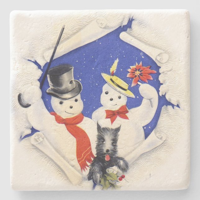 The Snow Family and Dog Christmas Stone Coaster (Front)