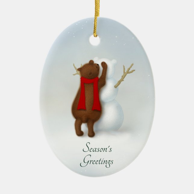 The Snowbear Whimsical Winter Scene Personalised Ceramic Tree Decoration (Front)