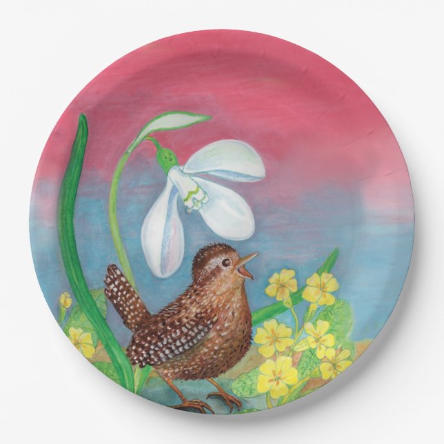 The snowdrop and the wren bird summon the spring  paper plate (Front)