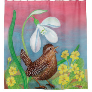 The snowdrop and the wren bird summon the spring shower curtain