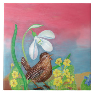 The snowdrop and the wren bird summon the spring tile