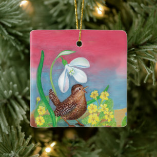 The snowdrop and the wren spring illustration ceramic ornament
