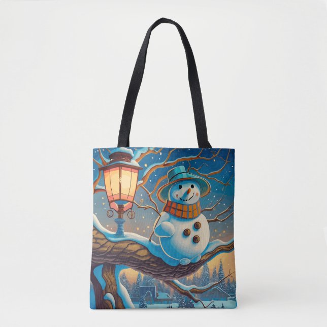 The Snowman  next to the street lamp chrismas Tote Bag (Front)
