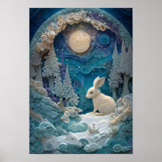 The Snowshoe Hare | Winter Snowy Night in Forest Poster