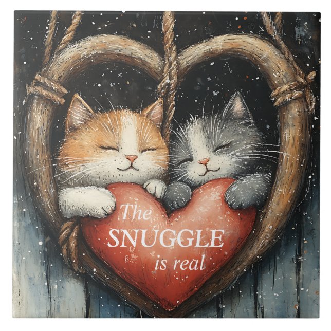 The Snuggle is Real Cosy Cat Love Ceramic Tile (Front)