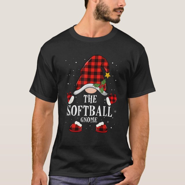 The Softball Gnome Christmas Buffalo Plaid Pajamas T-Shirt (Front)