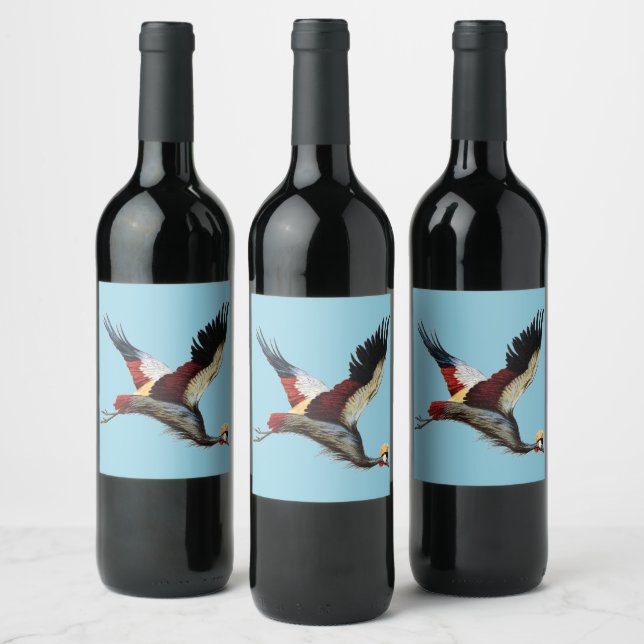 The South African crowned crane in mid-flight Wine Label (Bottles)