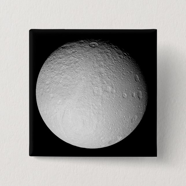 The South Pole of Saturn's moon Tethys 15 Cm Square Badge (Front)