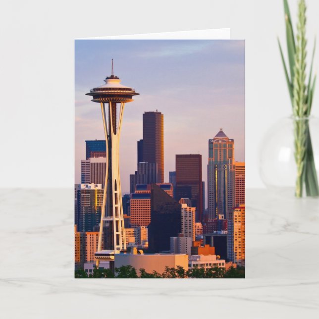 The Space Needle is a tower at dusk in Seattle Card (Front)