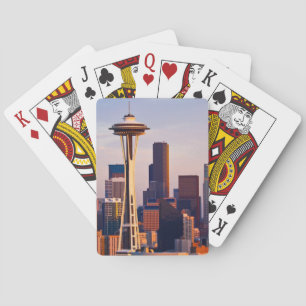 The Space Needle is a tower at dusk in Seattle Playing Cards