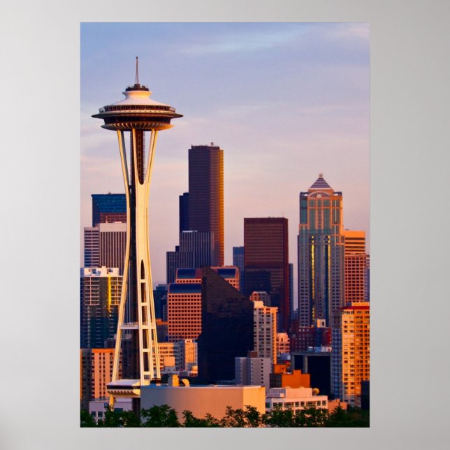 The Space Needle is a tower at dusk in Seattle Poster (Front)
