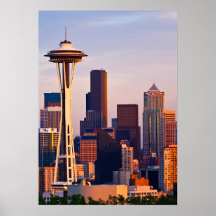 The Space Needle is a tower at dusk in Seattle Poster