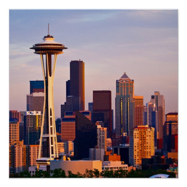 The Space Needle is a tower at dusk in Seattle Poster (Front)