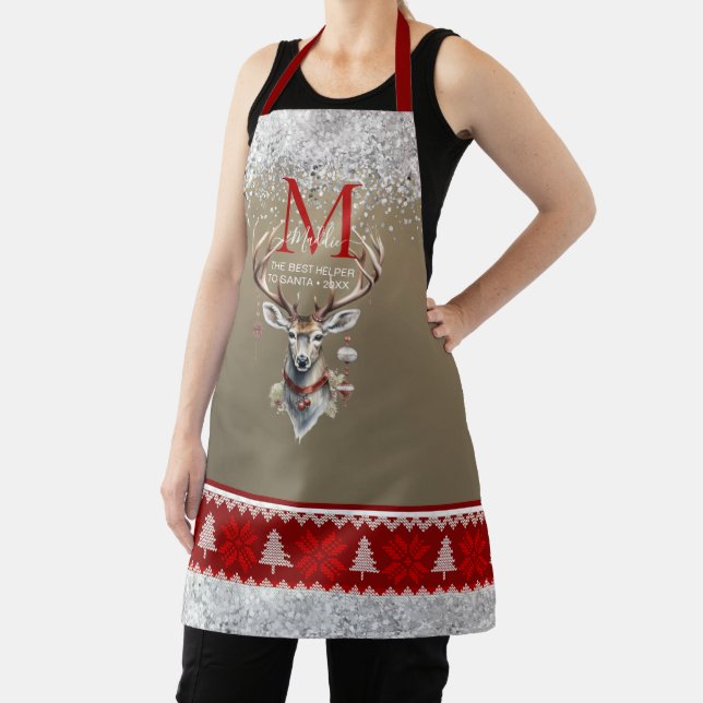 The Sparkle glittery red grey deer custom Monogram Apron (Insitu)