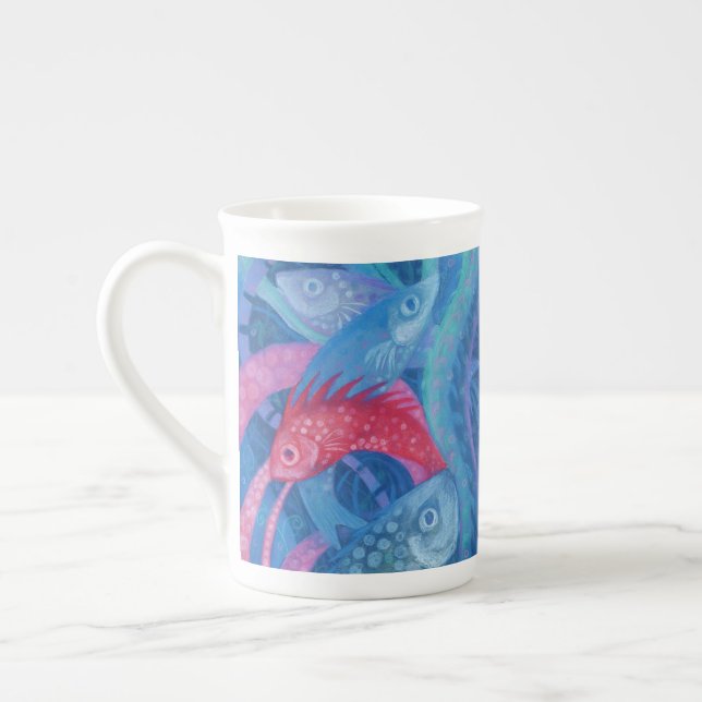 The Spawning, Fish, Pink & Blue, Underwater Bone China Mug (Left)