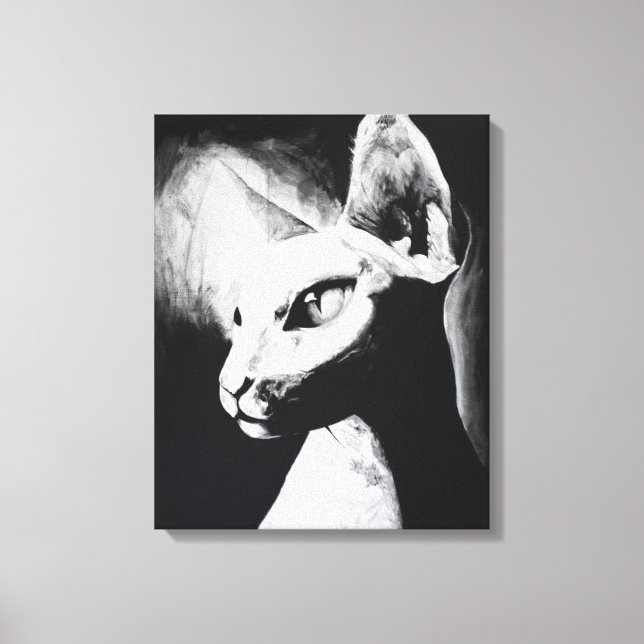 The Sphynx Cat Hairless Kitty Black White Painting Canvas Print (Front)