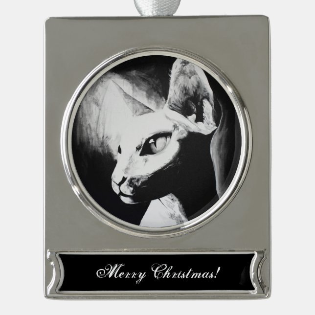 The Sphynx Cat Hairless Kitty Pet Black White Art Silver Plated Banner Ornament (Front)