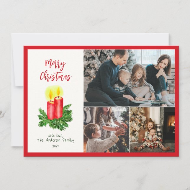 The Spirt of Christmas Advent Candles 3 Photo Red Holiday Card (Front)