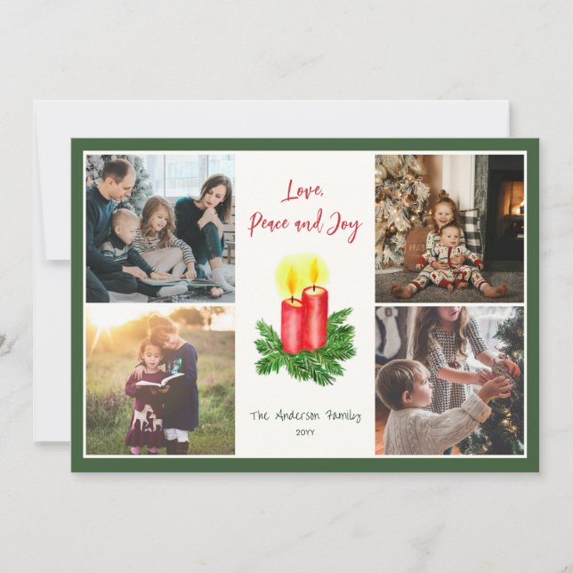 The Spirt of Christmas Love Peace & Joy 4 Photo Holiday Card (Front)