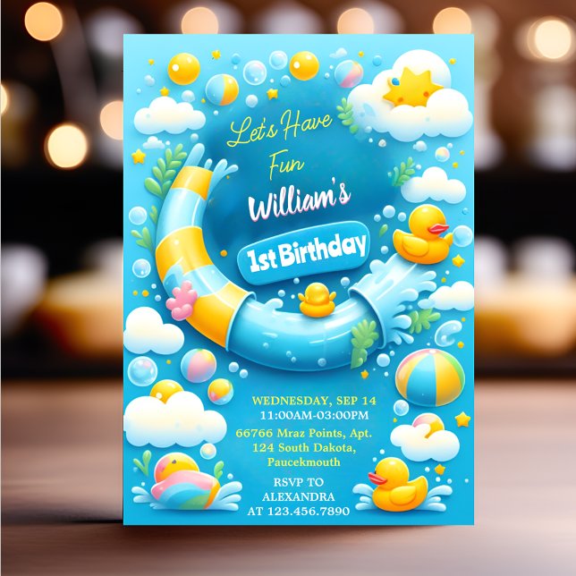 The Splash Bubbles Summer Duck Foam 1st Birthday Invitation (Creator Uploaded)