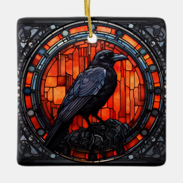 The Spooky Raven Stained Glass Ceramic Ornament (Front)