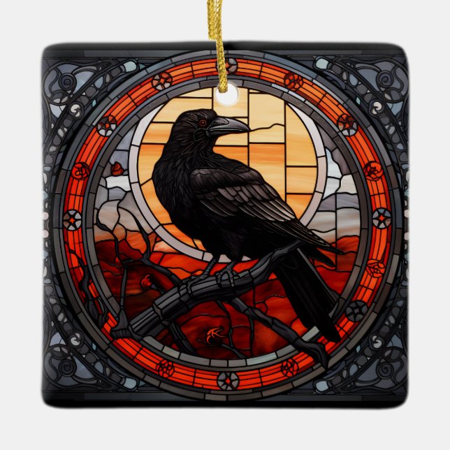 The Spooky Raven Stained Glass Ceramic Ornament (Front)