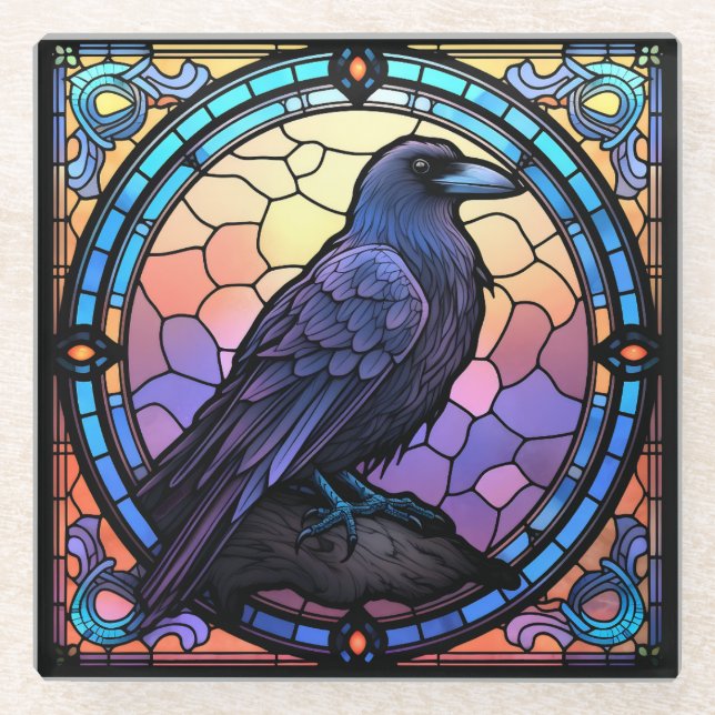 The Spooky Raven Stained Glass Glass Coaster (Front)