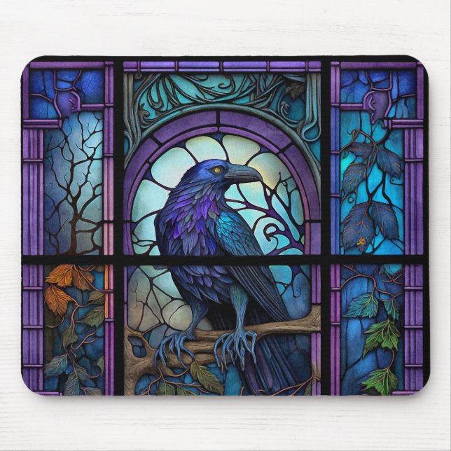 The Spooky Raven Stained Glass Mouse Mat (Front)