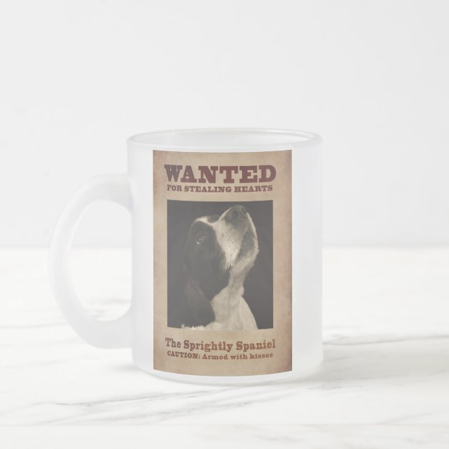 The Sprightly Springer Spaniel Frosted Glass Coffee Mug (Left)