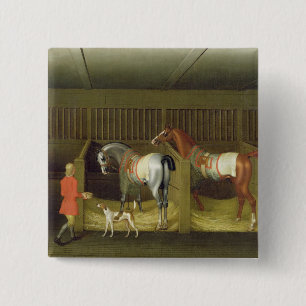 The Stables and Two Famous Running Horses belongin 15 Cm Square Badge