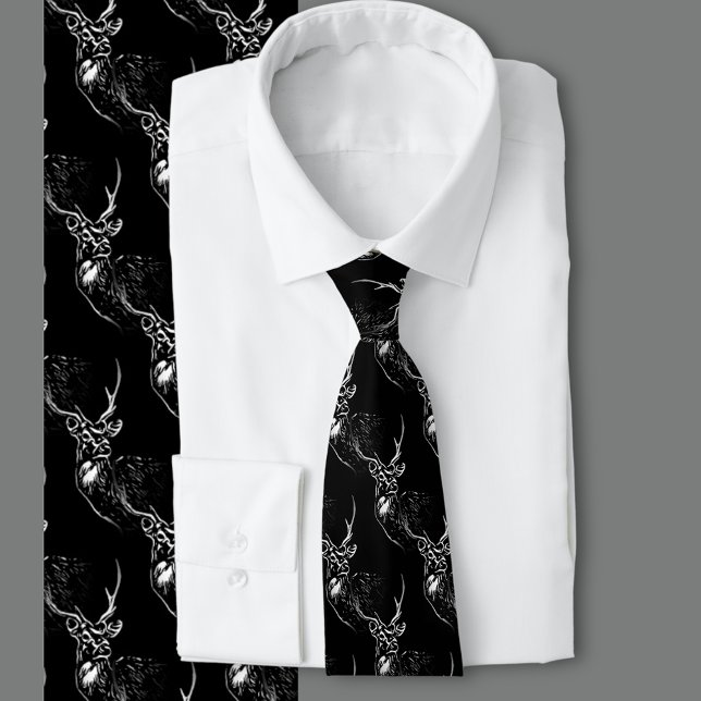 The Stag Tie (Black and white stag pattern in a block print style)