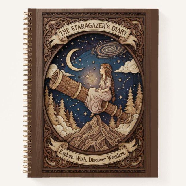 The Stargazer's Diary Mountain Telescope Wood Notebook (Front)