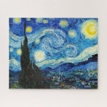 The Starry Night by Vincent Van Gogh  Jigsaw Puzzle<br><div class="desc">The painting is dominated by a moon- and star-filled night sky. It takes up three-quarters of the picture plane and appears turbulent, even agitated, with intensely swirling patterns that seem to roll across its surface like waves. It is pocked with bright orbs—including the crescent moon to the far right, and...</div>