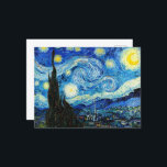 The Starry Night by Vincent Van Gogh  Postcard<br><div class="desc">The painting is dominated by a moon- and star-filled night sky. It takes up three-quarters of the picture plane and appears turbulent, even agitated, with intensely swirling patterns that seem to roll across its surface like waves. It is pocked with bright orbs—including the crescent moon to the far right, and...</div>