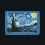 The Starry Night by Vincent Van Gogh  Trifold Wallet<br><div class="desc">The painting is dominated by a moon- and star-filled night sky. It takes up three-quarters of the picture plane and appears turbulent, even agitated, with intensely swirling patterns that seem to roll across its surface like waves. It is pocked with bright orbs—including the crescent moon to the far right, and...</div>