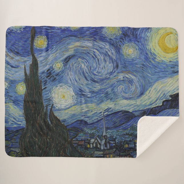 The Starry Night, oil painting, Vincent Van Gogh Sherpa Blanket (Front (Horizontal))