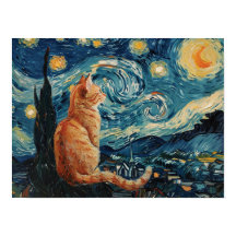 The Starry Night Vincent van Gogh with Cat