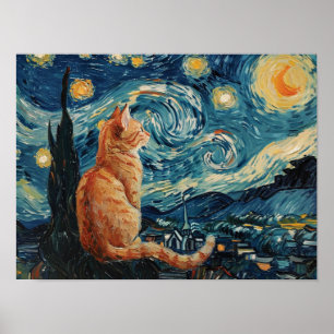 The Starry Night Vincent van Gogh with Cat Poster