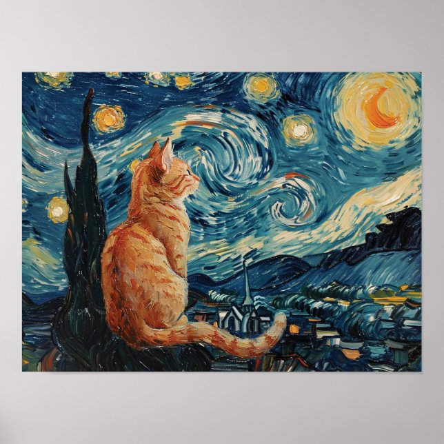 The Starry Night Vincent van Gogh with Cat Poster (Front)