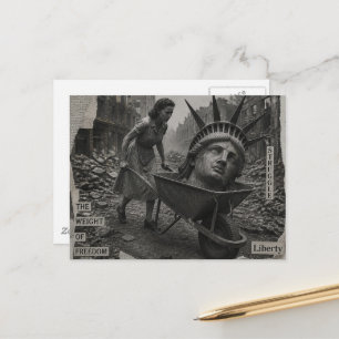 The Statue of Liberty in Wheelbarrow B&W Collage Postcard