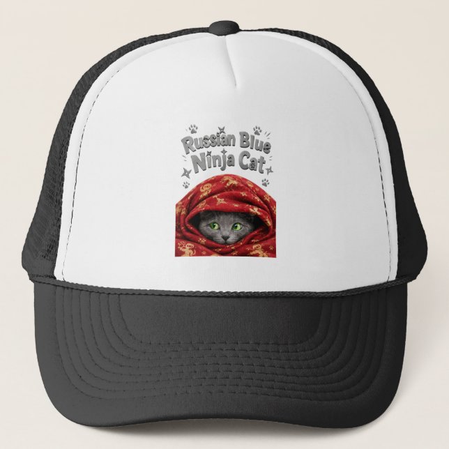 The Stealthy & Starchy: Russian Blue Ninja Cat Trucker Hat (Front)