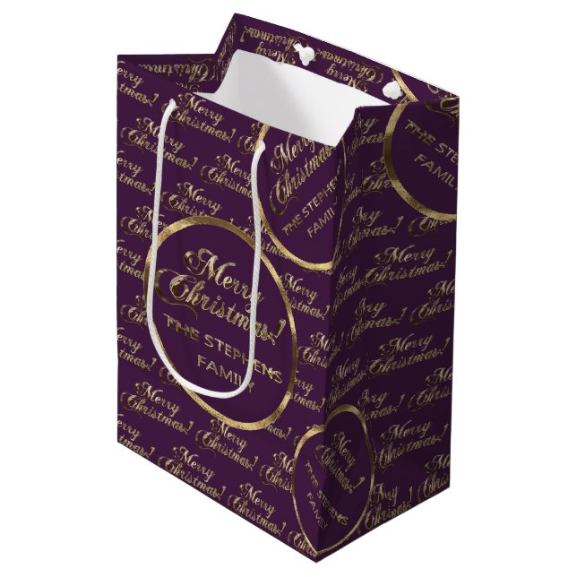 The Stephens Family Christmas Purple Faux Gold Medium Gift Bag (Front Angled)