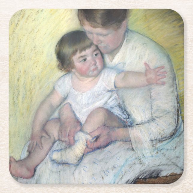 The Stocking, Mary Cassatt Square Paper Coaster (Front)