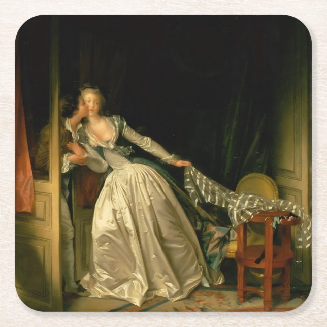 The Stolen Kiss Fragonard Square Paper Coaster (Front)
