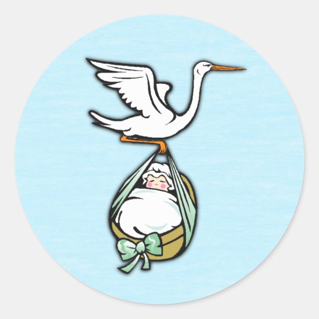 The Stork Carries a Baby Boy Blue  Classic Round Sticker (Front)