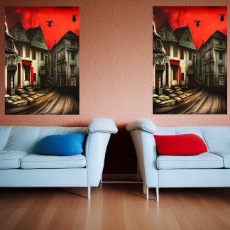 The street in the city and red sky | AI Art Poster